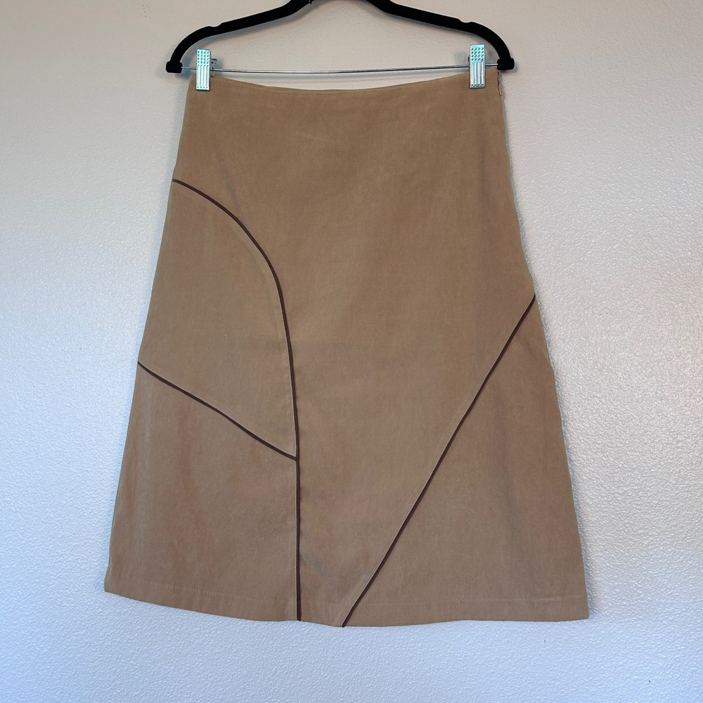 K'artya Tan Geometric Patchwork A-Line Midi Skirt Size L Camel Faux Suede Lined